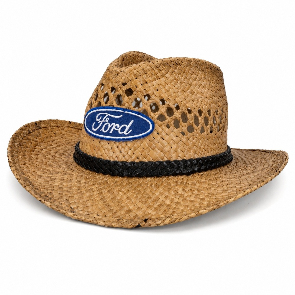 Ford Straw Cowboy Hat Mens OSFM Tan Excellent Vented Western Sun Hat BDA